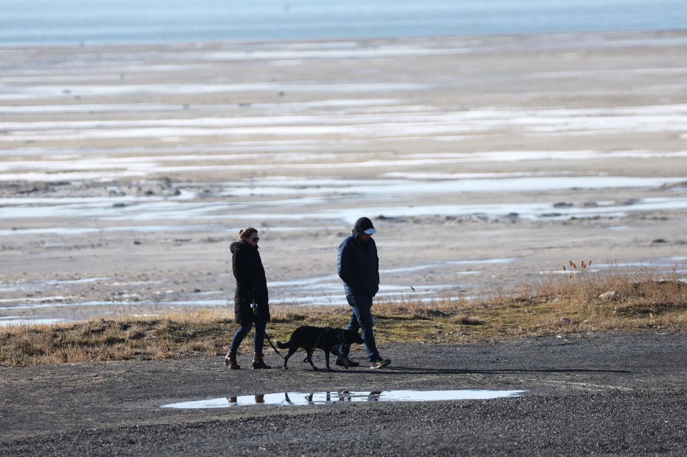 A couple and their dog walk near the Great Salt Lake on Tuesday, Feb. 7, 2023. Jeffrey D. Allred, Deseret News